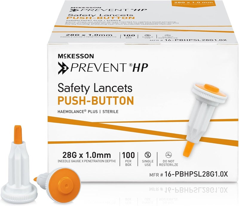 McKesson Prevent HP Sterile Push Button Safety Lancets 28G x 10 mm Depth 100 Count  Auto Retracting Blood Glucose Testing Lancets Single Use Orange
