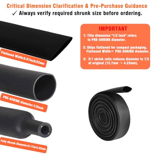 Allwin 1/2 Inch(12.7mm) Heat Shrink Tubing - 10 Ft 3:1Ratio Waterproof Heat Shrink Tubing,1/2" Pre-Shrink Diameter,0.17" Shrunk, Adhesive Lined, Dual Wall Adhesive Shrinkable Wire Wrap Tube - Image 2