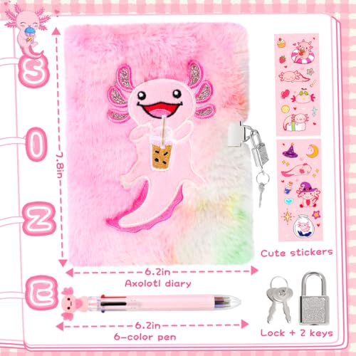 PrinBarBee Axolotl Diary For Girls With Lock And Keys, Girls Fuzzy Notebook Gift Set For Writing And Drawing - Image 3