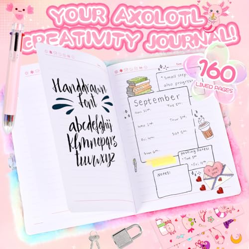 PrinBarBee Axolotl Diary For Girls With Lock And Keys, Girls Fuzzy Notebook Gift Set For Writing And Drawing - Image 5