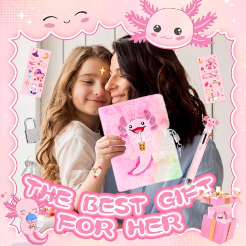 PrinBarBee Axolotl Diary For Girls With Lock And Keys, Girls Fuzzy Notebook Gift Set For Writing And Drawing - Image 4