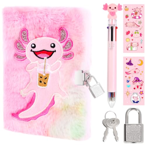 PrinBarBee Axolotl Diary For Girls With Lock And Keys, Girls Fuzzy Notebook Gift Set For Writing And Drawing - Image 1