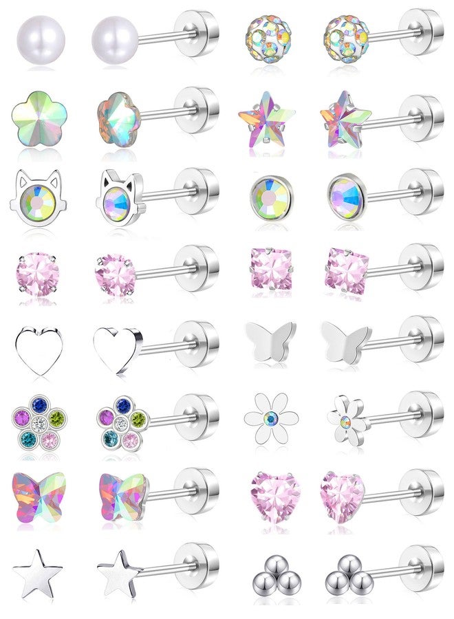 تورنيتو مجموعة أقراط تورنيتو النسائية، 16 زوجًا، مصنوعة من الفولاذ المقاوم للصدأ، بتصميمات متنوعة: قلب، زهرة، فراشة، نجمة، مربع، قطة، لؤلؤ، كرة، زركونيا مكعبة، صغيرة، مسطحة، بمسامير لولبية، متعددة الألوان، عيار 20. - Image 1