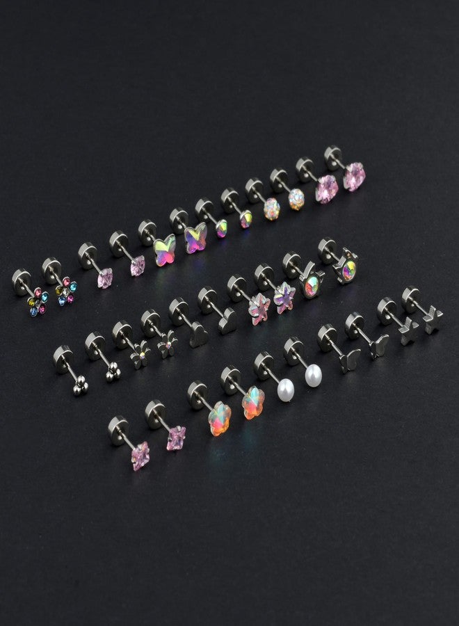 تورنيتو مجموعة أقراط تورنيتو النسائية، 16 زوجًا، مصنوعة من الفولاذ المقاوم للصدأ، بتصميمات متنوعة: قلب، زهرة، فراشة، نجمة، مربع، قطة، لؤلؤ، كرة، زركونيا مكعبة، صغيرة، مسطحة، بمسامير لولبية، متعددة الألوان، عيار 20. - Image 3