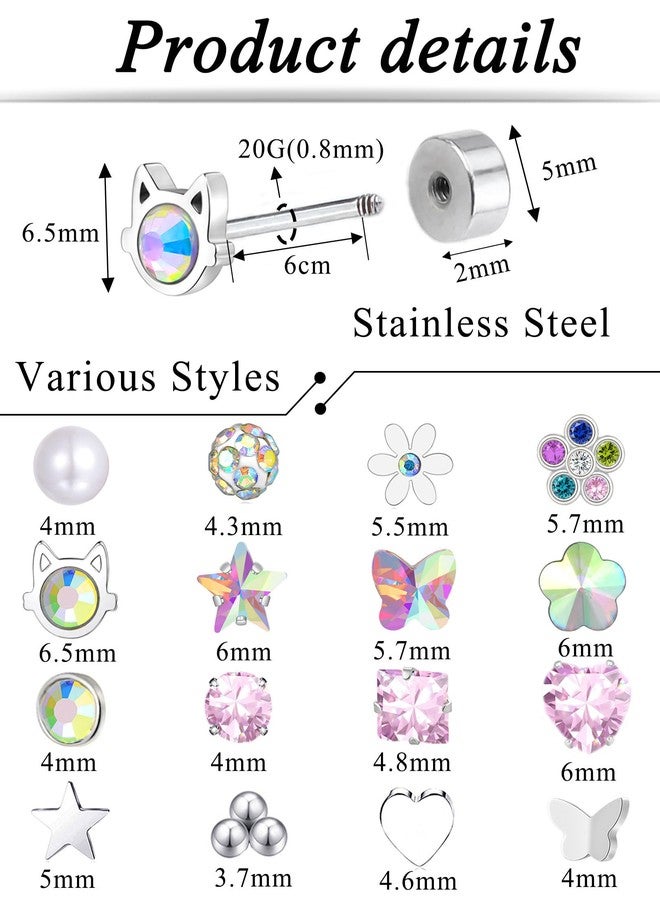 تورنيتو مجموعة أقراط تورنيتو النسائية، 16 زوجًا، مصنوعة من الفولاذ المقاوم للصدأ، بتصميمات متنوعة: قلب، زهرة، فراشة، نجمة، مربع، قطة، لؤلؤ، كرة، زركونيا مكعبة، صغيرة، مسطحة، بمسامير لولبية، متعددة الألوان، عيار 20. - Image 2