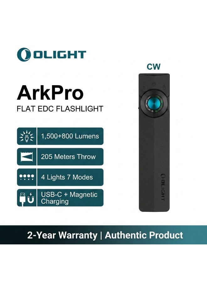 أولايت مصباح Olight ArkPro متعدد الإضاءة، مصباح يدوي قابل لإعادة الشحن للاستخدام اليومي، 1500 لومن، شعاع 205 متر، مصباح يدوي للجيب للأشعة فوق البنفسجية، الأنشطة الخارجية، الحمل اليومي - Image 1
