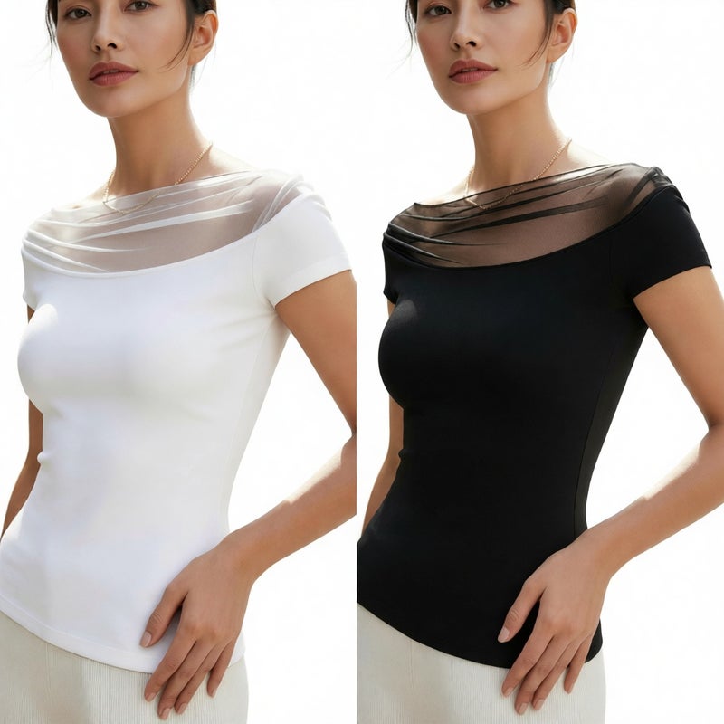 Sheer Panel Off-Shoulder Short Sleeve T-Shirt for Women