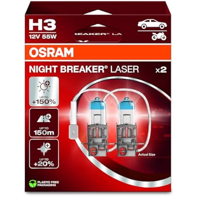 أوسرام مصباح أمامي هالوجين Night Breaker Laser H3 150 ذو سطوع أعلى 64151Nl2Hb 12 فولت صندوق تعليق للسيارة، مصباحان، أبيض - Image 1