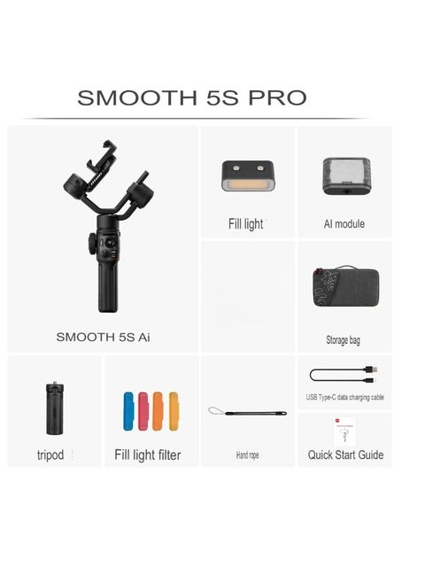 Smooth 5S Gimbal Stabilizer, Three Axis Anti Shake Phone Gimbal, Sturdy And Durable Phone Stabilizer, Mobile Phone Camera Stabilizer For Video Recording, (5S Pro Set With Al Model)