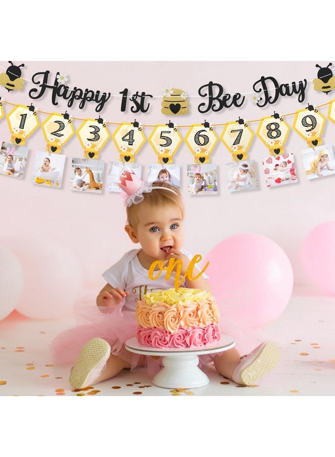 Faisichocalato 3PCS Happy Bee Day Party Decorations, Bumble Honey Bee 1st Birthday Baby Photo Banner for Newborn to 12 Months, Monthly Milestone Photograph Bunting Garland, First Birthday Celebration Decorations - Image 5