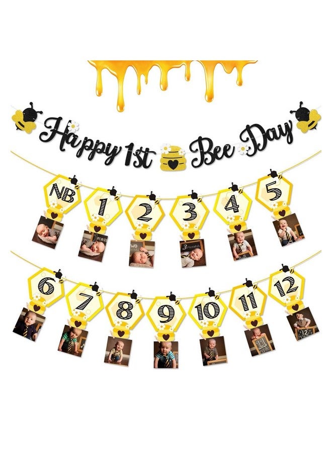 Faisichocalato 3PCS Happy Bee Day Party Decorations, Bumble Honey Bee 1st Birthday Baby Photo Banner for Newborn to 12 Months, Monthly Milestone Photograph Bunting Garland, First Birthday Celebration Decorations - Image 1
