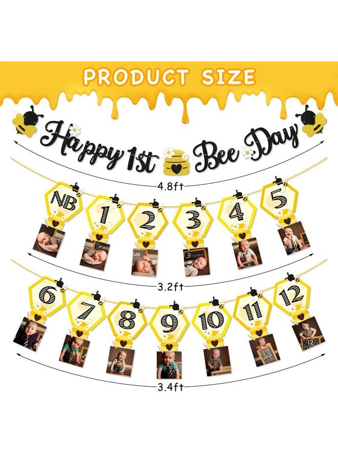 Faisichocalato 3PCS Happy Bee Day Party Decorations, Bumble Honey Bee 1st Birthday Baby Photo Banner for Newborn to 12 Months, Monthly Milestone Photograph Bunting Garland, First Birthday Celebration Decorations - Image 2