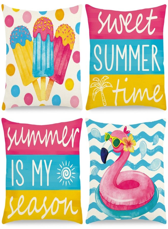 Feivando Summer Throw Pillow Covers 18x18 Inch Ice Cream Flamingo Pillowcase Sweet Summer Time Cushion Case for Home Farmhouse Couch Sofa Bed Indoor Outdoor Decor (Set of 4) - Image 1