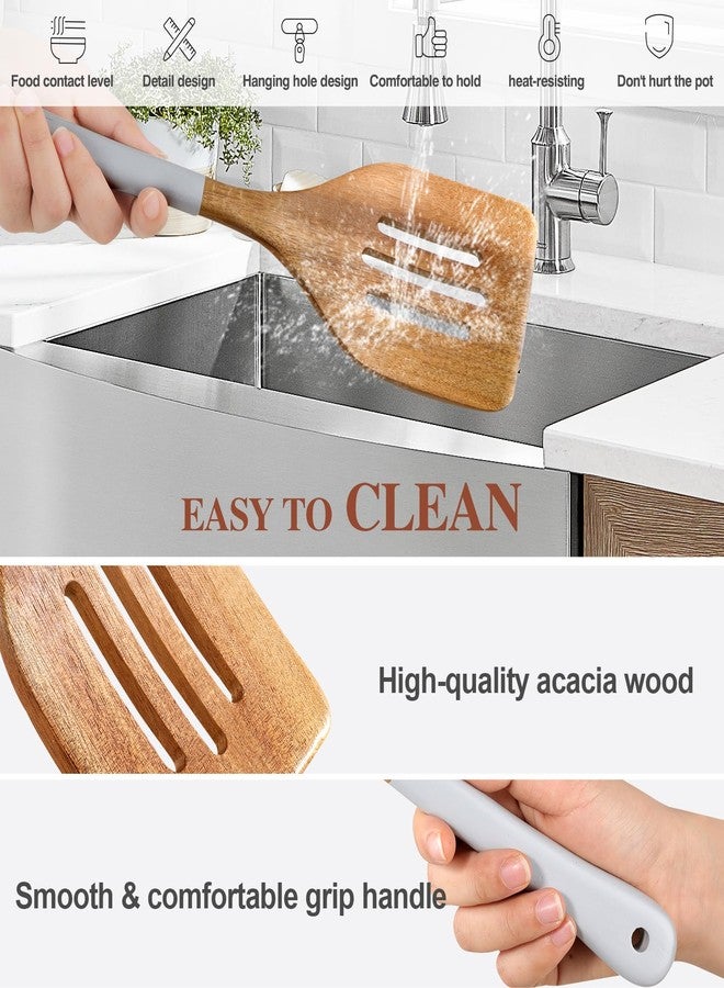ROSOS Wooden Spoons For Cooking, 6 Pieces Natural Acacia Wooden Cooking Utensils or Non-Stick Wooden Kitchen Utensil Set for Kitchen Essentials, Wood Cooking Utensils Set with Hanging Hole, Grey - Image 4