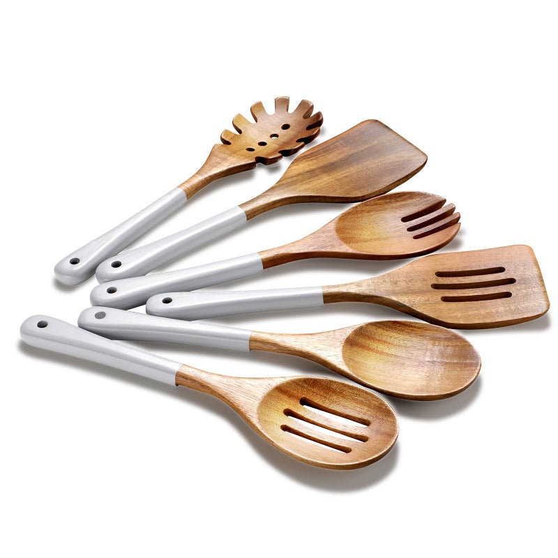 ROSOS Wooden Spoons For Cooking, 6 Pieces Natural Acacia Wooden Cooking Utensils or Non-Stick Wooden Kitchen Utensil Set for Kitchen Essentials, Wood Cooking Utensils Set with Hanging Hole, Grey - Image 1