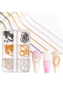 6 Strips Nail Chains for Nail Art 3D Metal Nail Charms Nail Art Decoration Metal Gold Sliver Black Punk Nail Studs Chains Metallic Nail Beads Ball Jewelry Accessories Manicure Tips