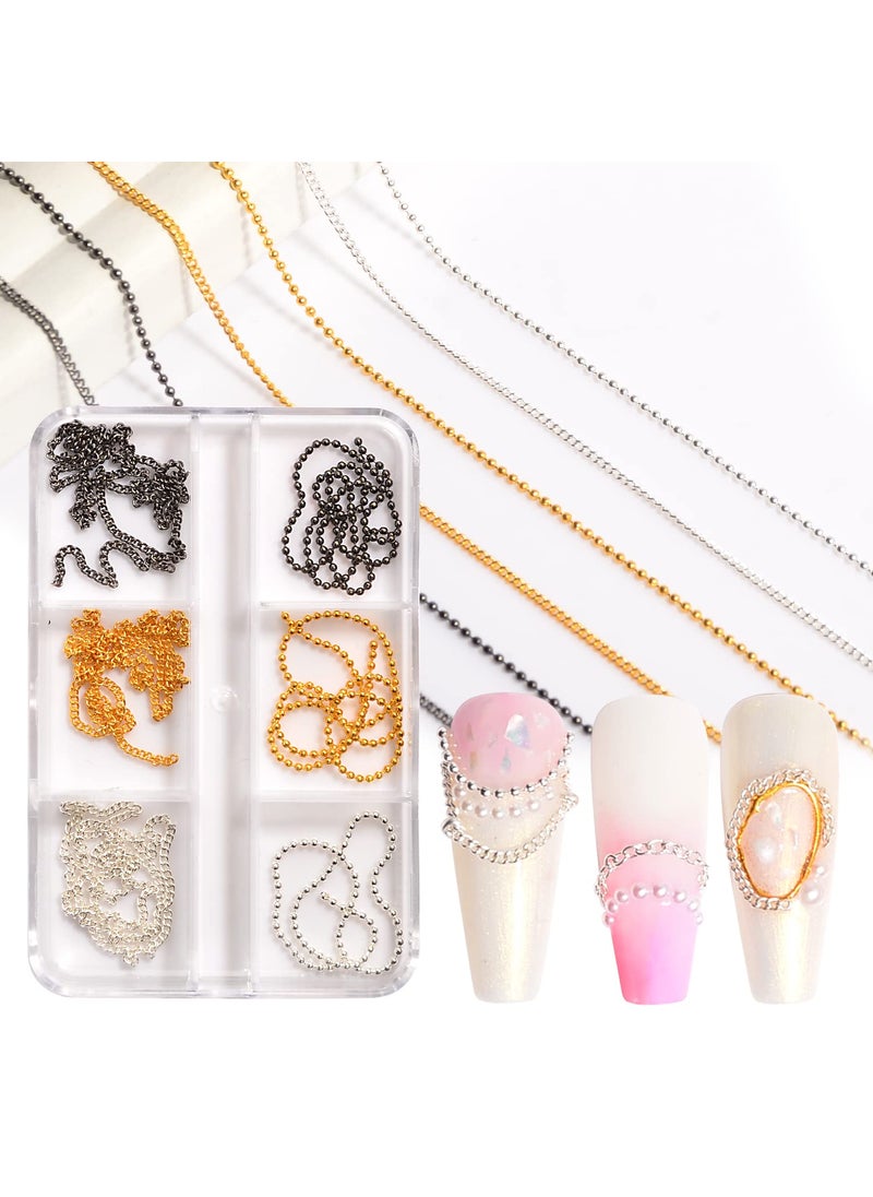 Sindy 6 Strips Nail Chains for Nail Art 3D Metal Nail Charms Nail Art Decoration Metal Gold Sliver Black Punk Nail Studs Chains Metallic Nail Beads Ball Jewelry Accessories Manicure Tips 
