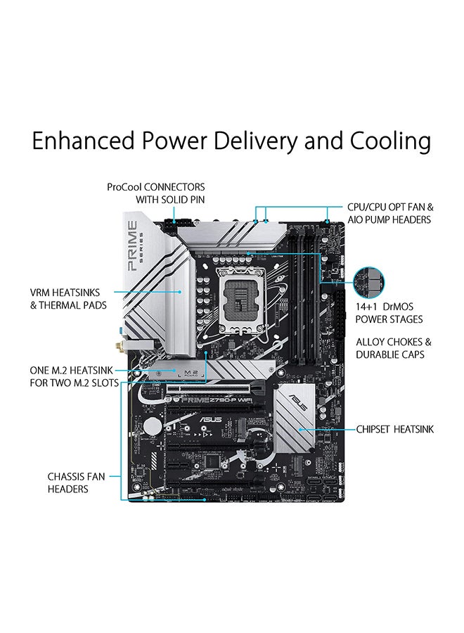 أسوس اللوحة الأم Prime Z790-P WiFi LGA 1700 (Intel¬Æ الجيل الثالث عشر والثاني عشر) ATX (PCIe 5.0، DDR5، 14+1 مراحل طاقة، 3X M.2، WiFi 6، Bluetooth v5.2، 2.5 جيجابت LAN، اللوحة الأمامية USB 3.2 الجيل الثاني من النوع C، ثاندربولت 4/USB4) أسود - Image 2