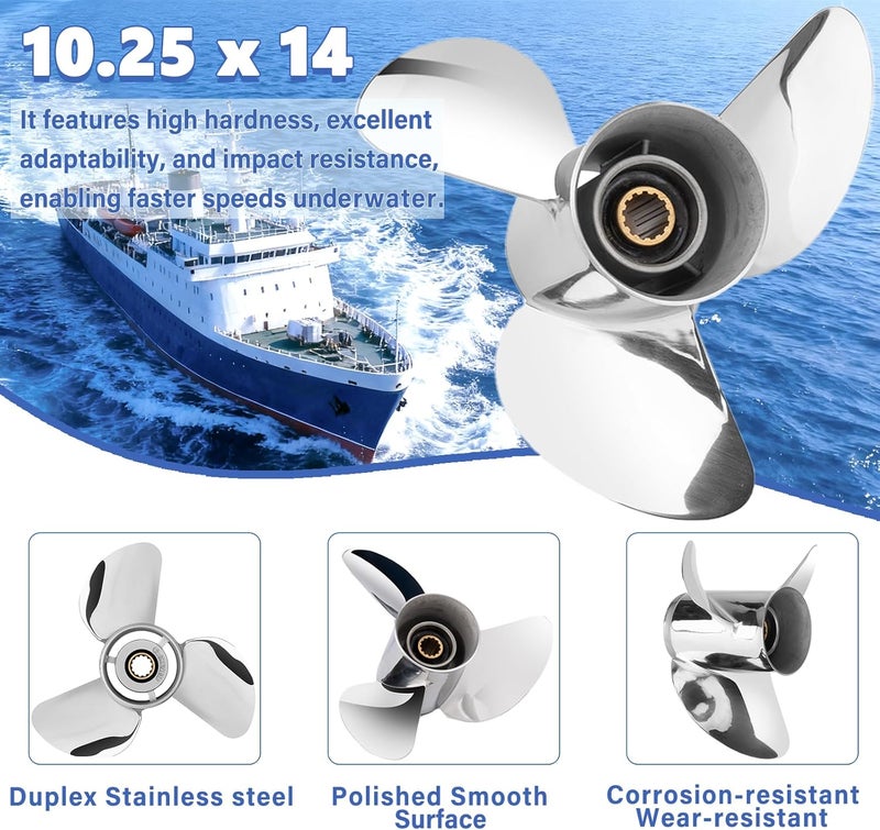 FYMP 10.25 x 14/15/16-G Polished/Black Stainless Steel Boat Outboard Propeller for Yamaha Engines 40-60 - Image 2