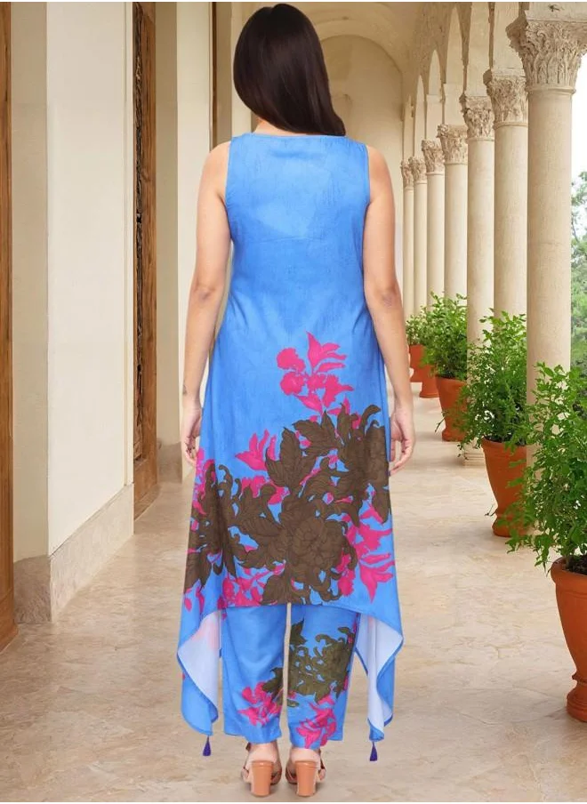 آي شين Embroidered Women Blue Polyester Kurta Set with Embroidered pattern Tunic and Palazzo features a Round neckline and Three-Fourth Sleeve secured with Elastic closure and styled in Straight Fit ideal for Festive moments — exude elegance in every glance.