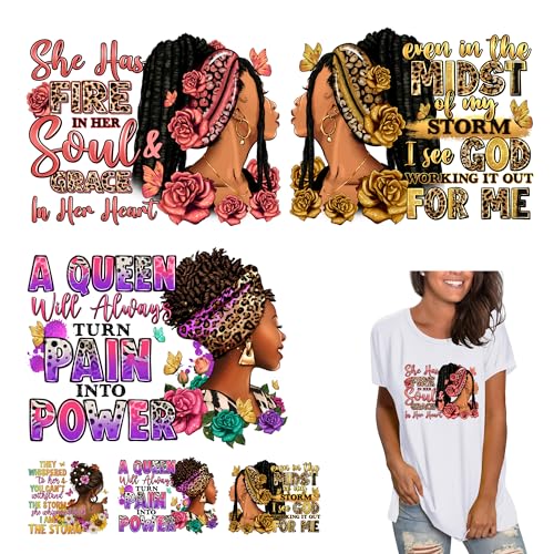 RURUIS 6 Sheets Black Woman Iron On Decals Heat Tansfer Patches for Clothing T-Shirt Vinyl Sticker Paper Afro Woman Design Ready to Press Decoration Applique - Image 1