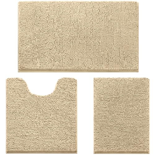 HOMEIDEAS 3 Pieces Bathroom Rugs Ultra Soft Non Slip Absorbent Chenille Toilet Bath Mat Set Beige - Image 1