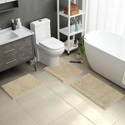 HOMEIDEAS 3 Pieces Bathroom Rugs Ultra Soft Non Slip Absorbent Chenille Toilet Bath Mat Set Beige - Image 3