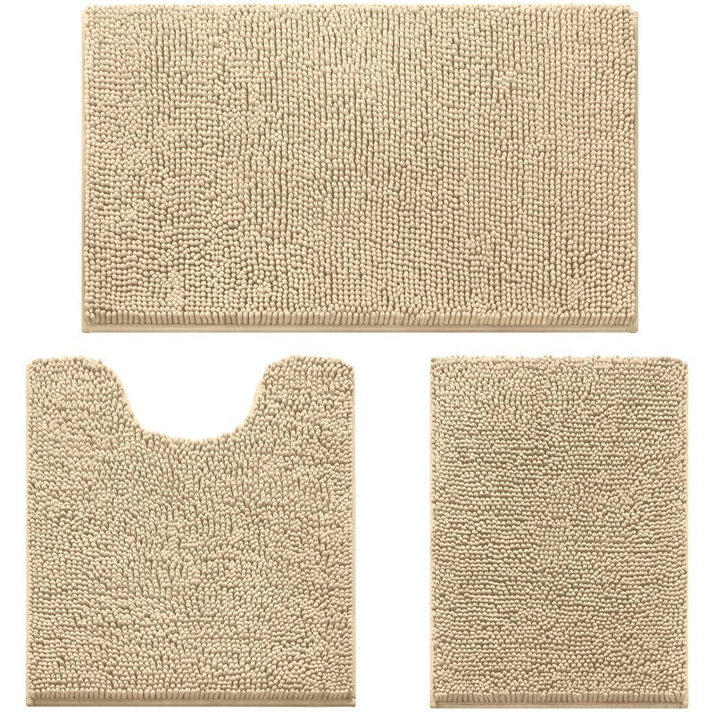HOMEIDEAS 3 Pieces Bathroom Rugs Ultra Soft Non Slip Absorbent Chenille Toilet Bath Mat Set Beige - Image 2