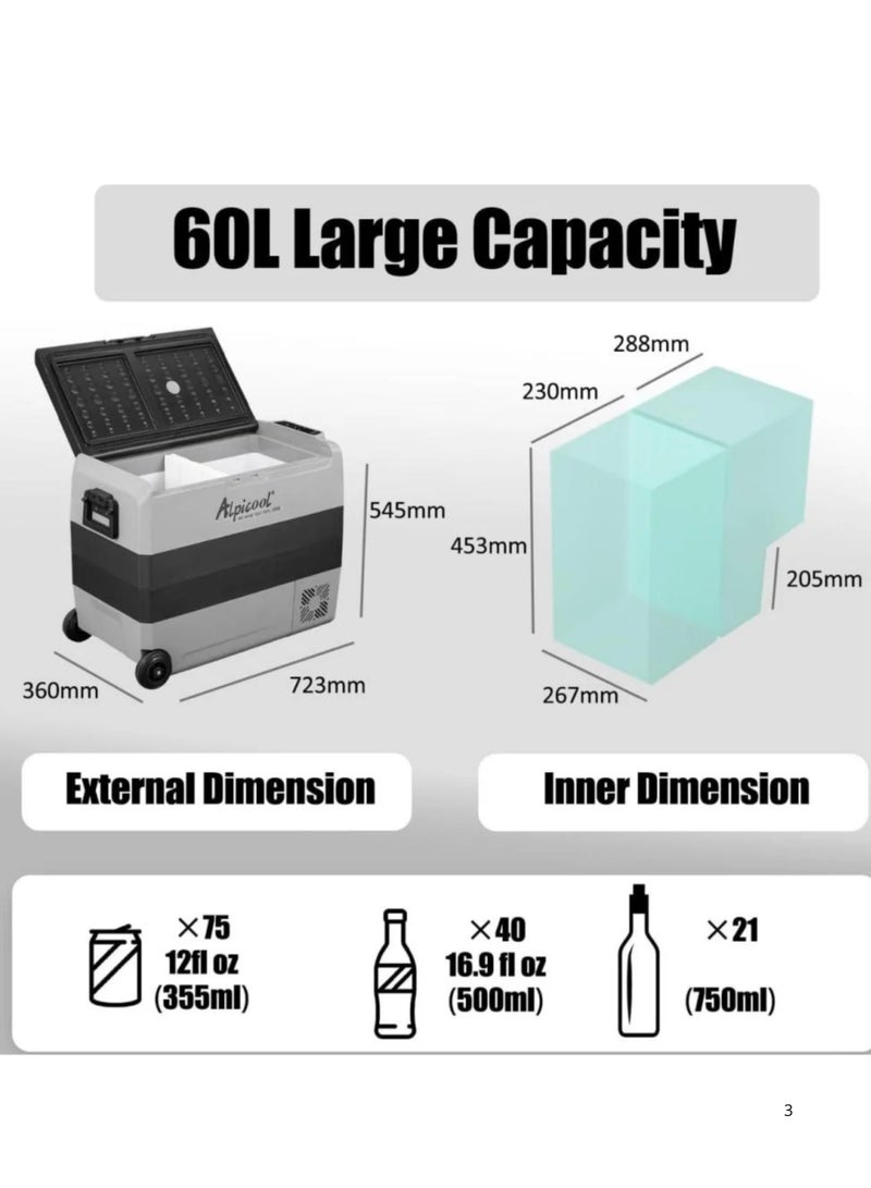 Alpicool Car refrigerator, small refrigerator, Alpicool T60 liters 60 portable car refrigerator 12/24 volt electric cooler for camping, road trips, picnics. Cooling power down to -20 degrees Celsius! Keep your food fresh and enjoy chilled drinks anywhere! - Image 4