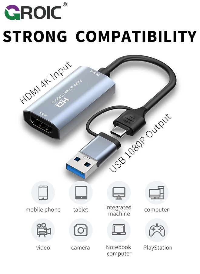 GROIC - 4K HDMI Video Capture Card, Video Record Card, Audio Capture Adapter HDMI to USB-A/USB-C Video Capture Card for Teaching, Broadcasting, Gaming, Streaming, Video Conference - Image 1