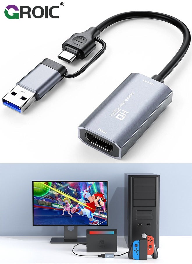 GROIC - 4K HDMI Video Capture Card, Video Record Card, Audio Capture Adapter HDMI to USB-A/USB-C Video Capture Card for Teaching, Broadcasting, Gaming, Streaming, Video Conference - Image 1