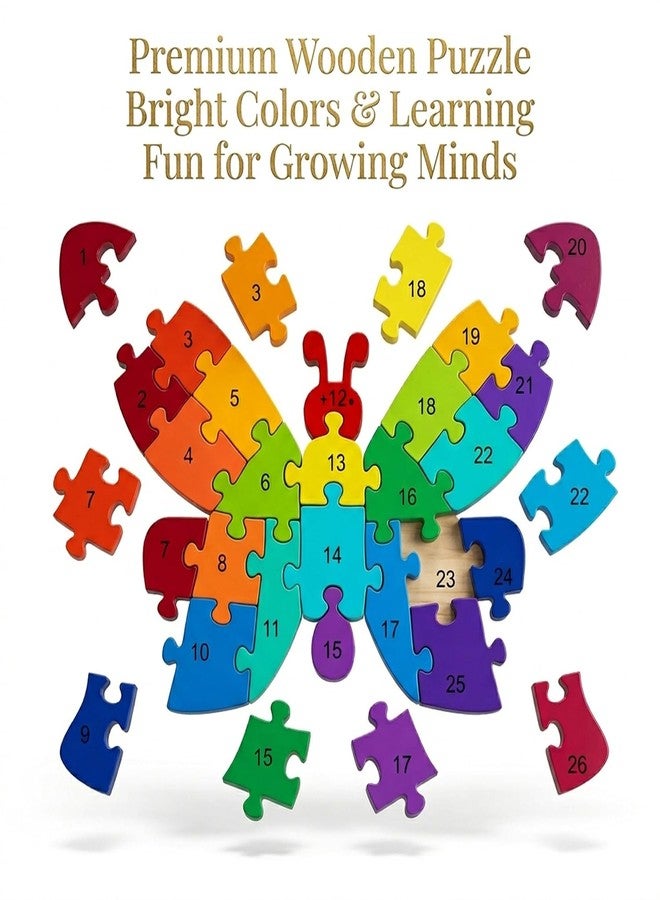 GITGRNTH 2 in 1 Multicolor Wooden ButterFly Shaped Alphabets A to Z & Numbers 1 to 26 Learning to both sides Puzzle 3D Jigsaw Block Puzzles for Preschool Kids 1+Yrs -Wooden Toy for Toddlers Boys Girls - Image 4
