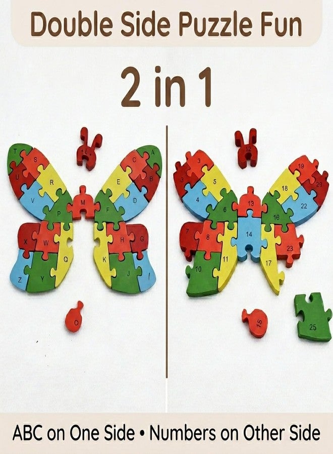GITGRNTH 2 in 1 Multicolor Wooden ButterFly Shaped Alphabets A to Z & Numbers 1 to 26 Learning to both sides Puzzle 3D Jigsaw Block Puzzles for Preschool Kids 1+Yrs -Wooden Toy for Toddlers Boys Girls - Image 3