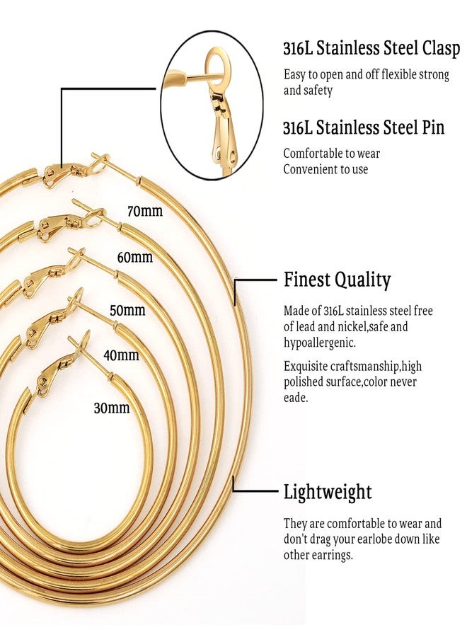 سنتريا أقراط سينتيريا كبيرة مطلية بالذهب للنساء، خفيفة الوزن، مصنوعة من الفولاذ المقاوم للصدأ 316L، طقم أقراط حلقية مطلية بالذهب للنساء، مضادة للحساسية، (30/40/50/60/70 مم) 5 أزواج - Image 5