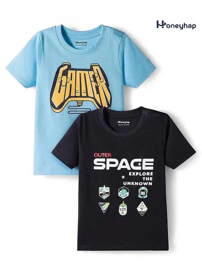 Honeyhap Honeyhap Premium 100% Cotton Knit Half Sleeves T-Shirt With Bio Finish & Gaming Theme Print Pack of 2 - Black Beauty & Atomizer