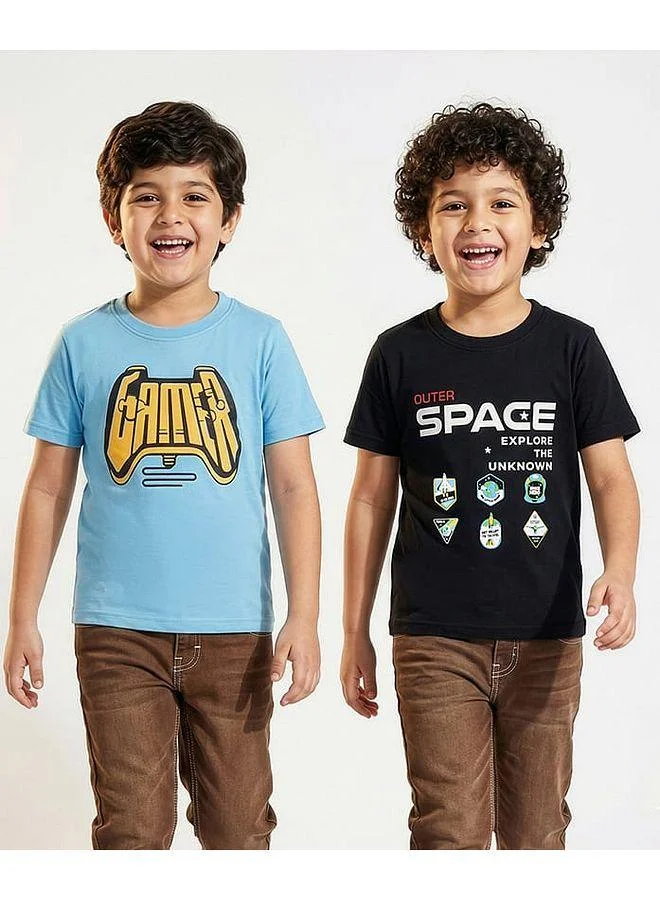 Honeyhap Honeyhap Premium 100% Cotton Knit Half Sleeves T-Shirt With Bio Finish & Gaming Theme Print Pack of 2 - Black Beauty & Atomizer