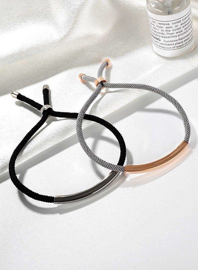 GUSGU 2PCS Matching Couples Bracelets Set Stainless Steel, Adjustable Bracelets Handmade Rope String Bangle Relationship Gifts for Boyfriend and Girlfriend Couples Lover - Image 4