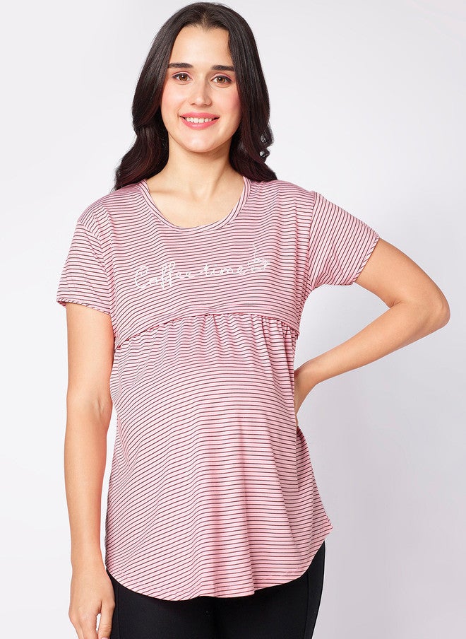 beebelle Pink Horizontal Stripes Maternity & Feeding Top - Image 1