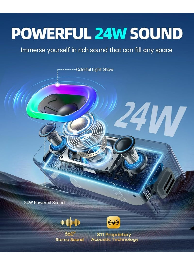 OHAYO S11 Protable Bluetooth Speaker, 24W Loud Deep Bass(BT5.3/Aux), 24H Playtime, 5 RGB Modes,TWS Stereo Pairing, IPX6 Waterproof Wireless Speaker for Shower/Beach/Desert Camping/Gift–Built-In Mic - Image 2