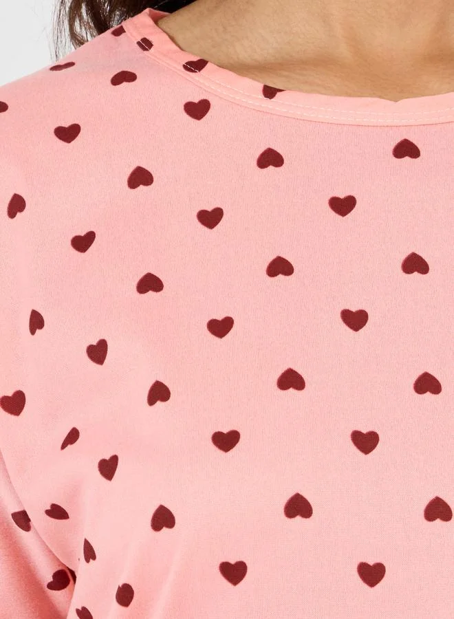 Styli All Over Print Heart Sleep T-Shirt Dress with Bag