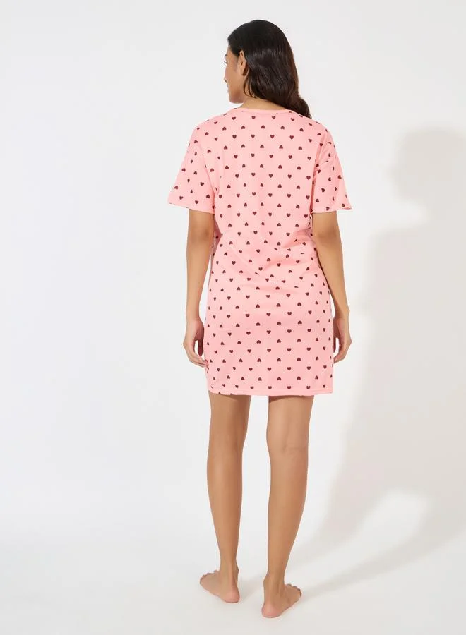 Styli All Over Print Heart Sleep T-Shirt Dress with Bag