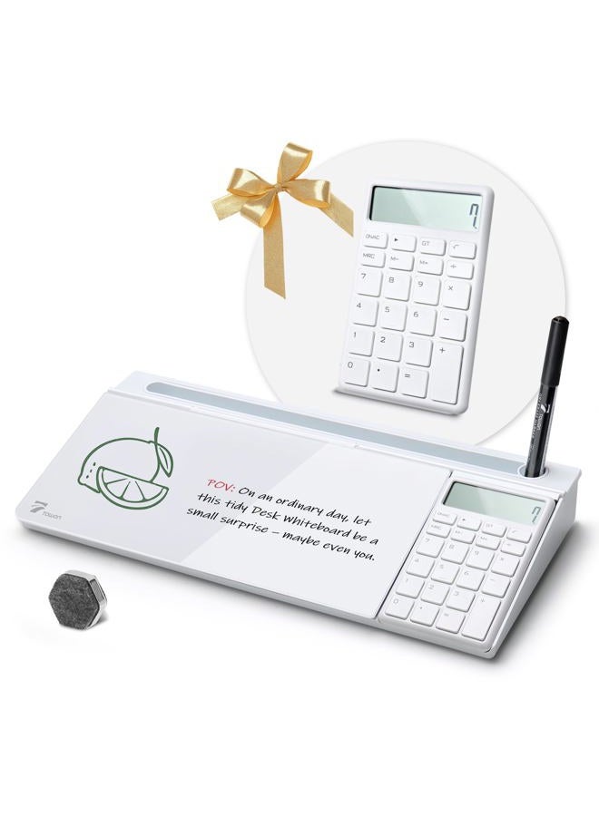 TOWON Desktop Glass Whiteboard with Basic Calculator, 12 Digit LCD Display, Desk Organizers with Accessories for Office, Home, School Supplies, Storage with Dry Erase Board Surface, White, 18'' x 6'' - Image 1