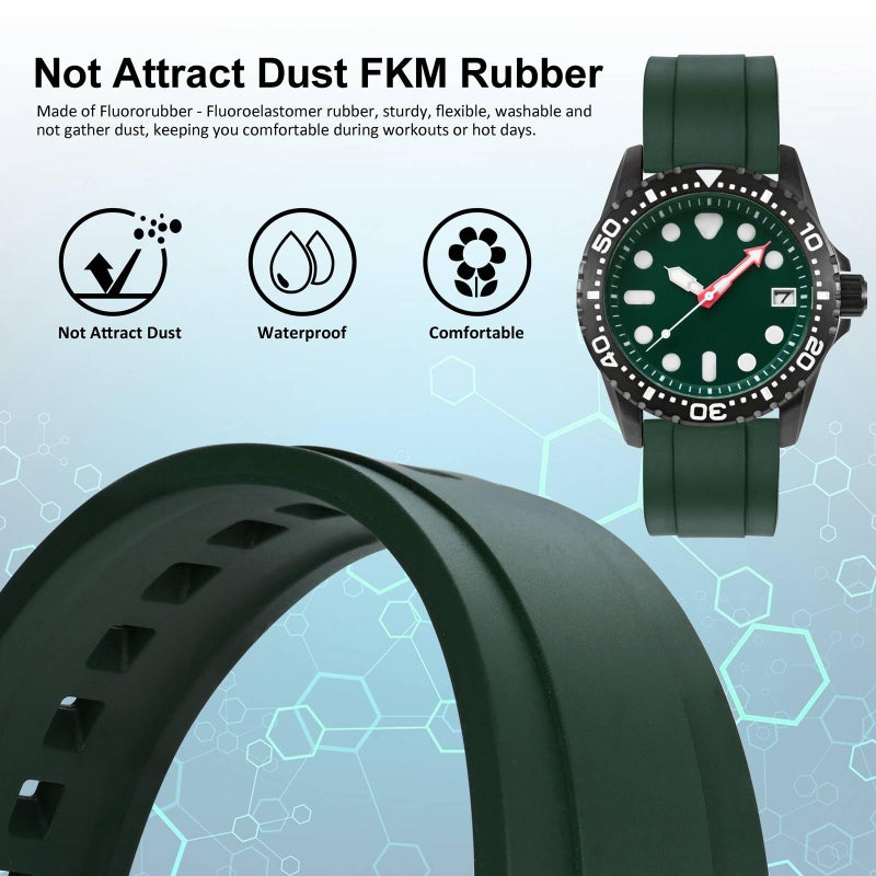 WOCCI 20mm Hevea Watch Band, FKM Rubber (Not Silicone), Quick Release Replacement Strap for Men, Black Buckle (Green) - Image 2