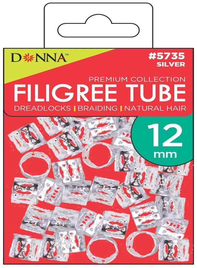 Donna Filigree Tube Hair Accessories, 12mm Premium Metal Cuffs for Braids, Dreadlocks, and Natural Styles, Silver