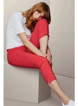 Tchibo Women Regular Fit Plain Stretchable Capri Pants, Red  - Image 1