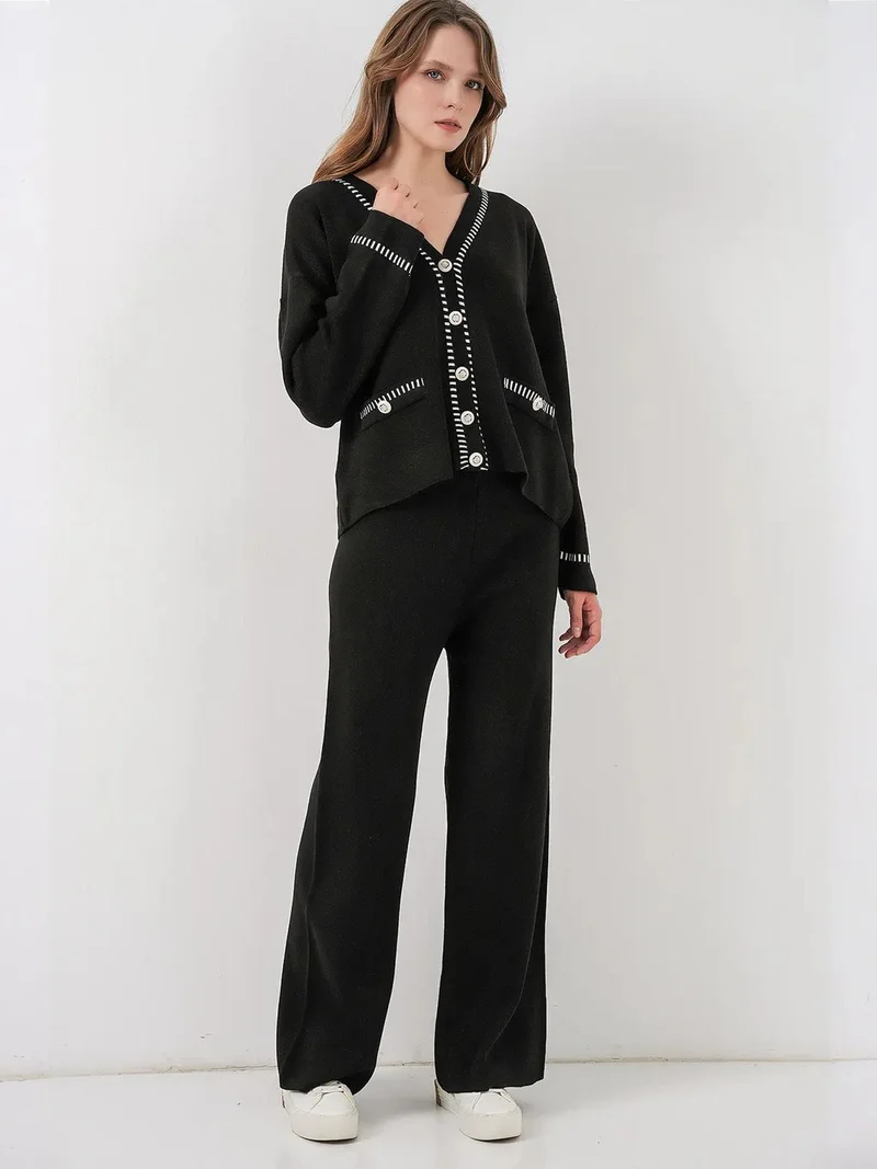 BIG DART BDART Textured V-Neck Knitwear Cardigan and Wide Leg Pants Set