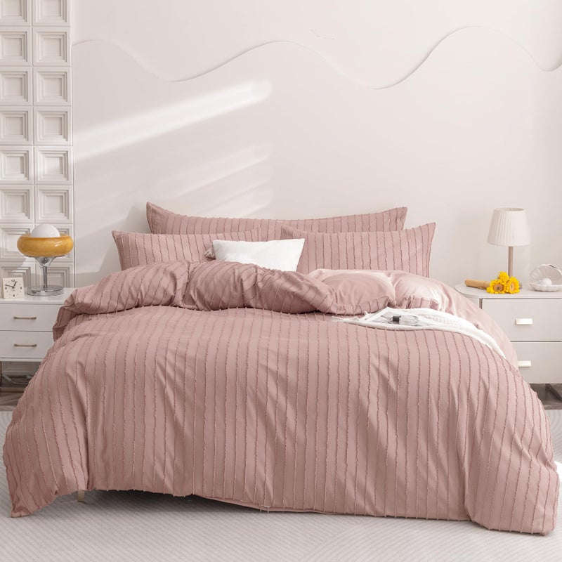 JELLYMONI Pink Duvet Cover King Size - 3PCS Microfiber Tufted Duvet Cover Set  Boho Striped Tufted Textured Duvet Cover with Corner Ties & Zipper Closure - Image 3