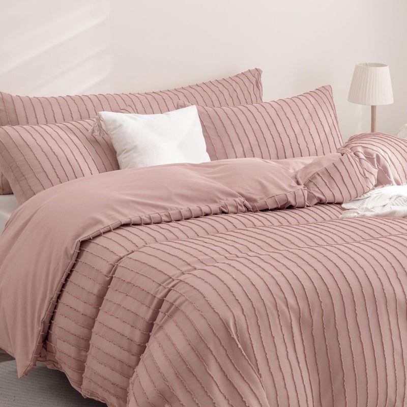 JELLYMONI Pink Duvet Cover King Size - 3PCS Microfiber Tufted Duvet Cover Set  Boho Striped Tufted Textured Duvet Cover with Corner Ties & Zipper Closure - Image 2
