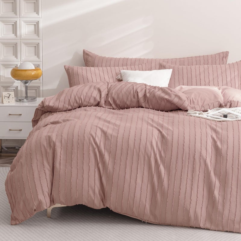 JELLYMONI Pink Duvet Cover King Size - 3PCS Microfiber Tufted Duvet Cover Set  Boho Striped Tufted Textured Duvet Cover with Corner Ties & Zipper Closure - Image 1