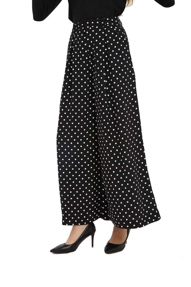 Tronjori Women High Waist Casual Wide Leg Long Palazzo Pants Trousers Regular SizeL White Dot